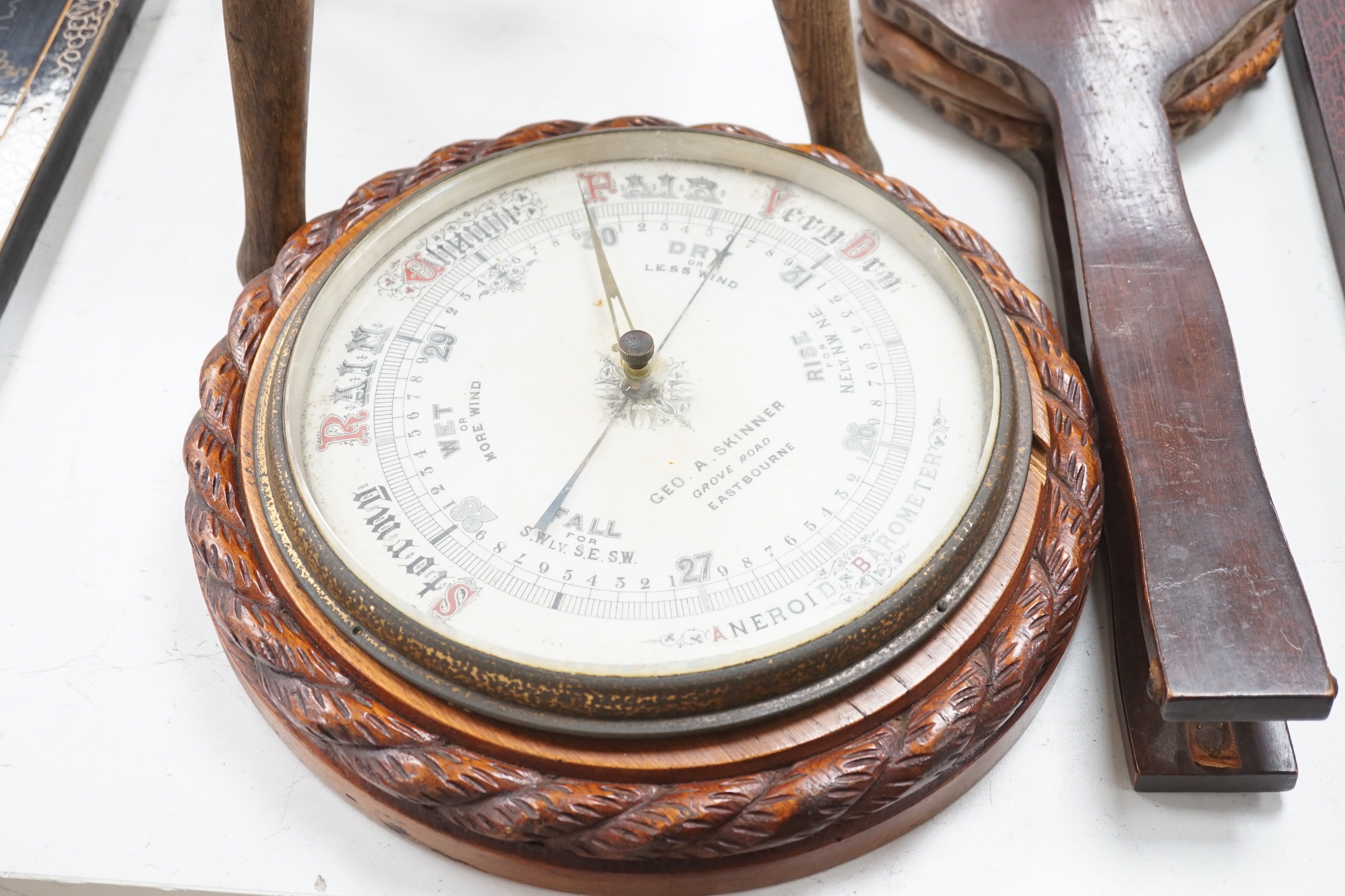A Victorian oak rope-twist barometer, bellows, a stool and a shooting stick, largest shooting stick, 76cm high